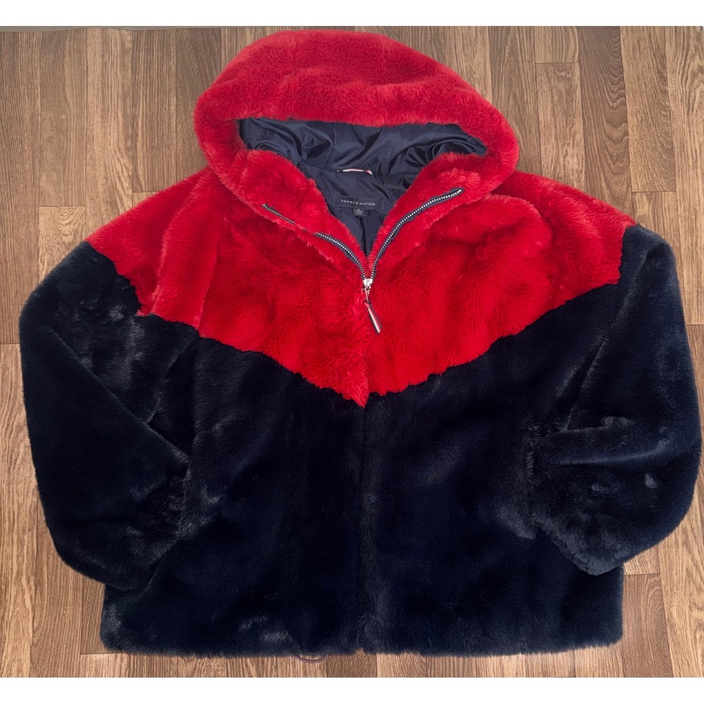 Tommy Hilfiger Faux Fur Color Block Hooded Jacket Red Navy XL‎